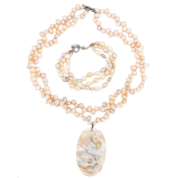 Freshwater Pearl Necklace & Bracelet Set with Large Oval Shell Pendant - Picture 1 of 8